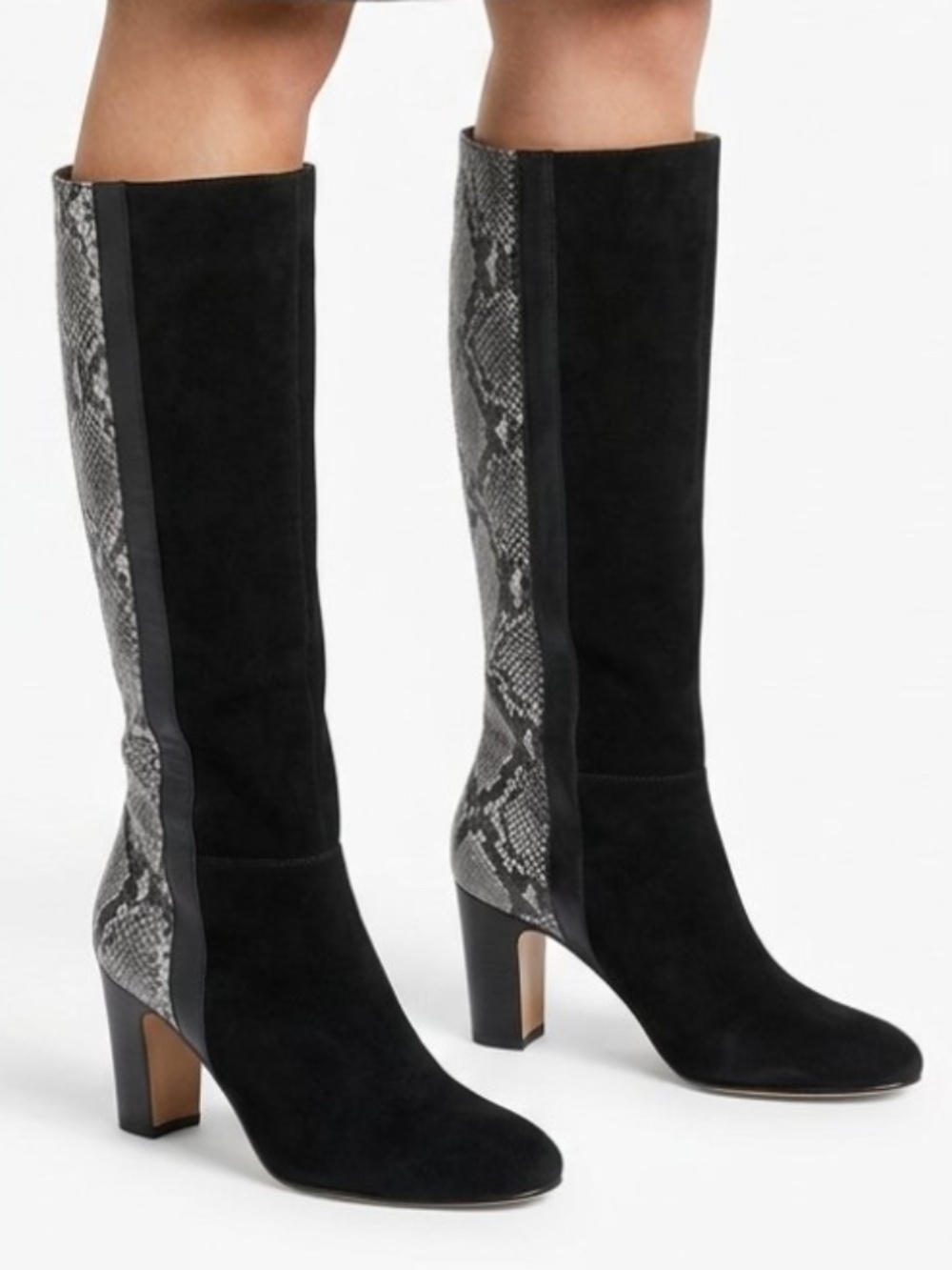 MRKT “Hallie” Genuine Suede Boots with Snake Print Detail